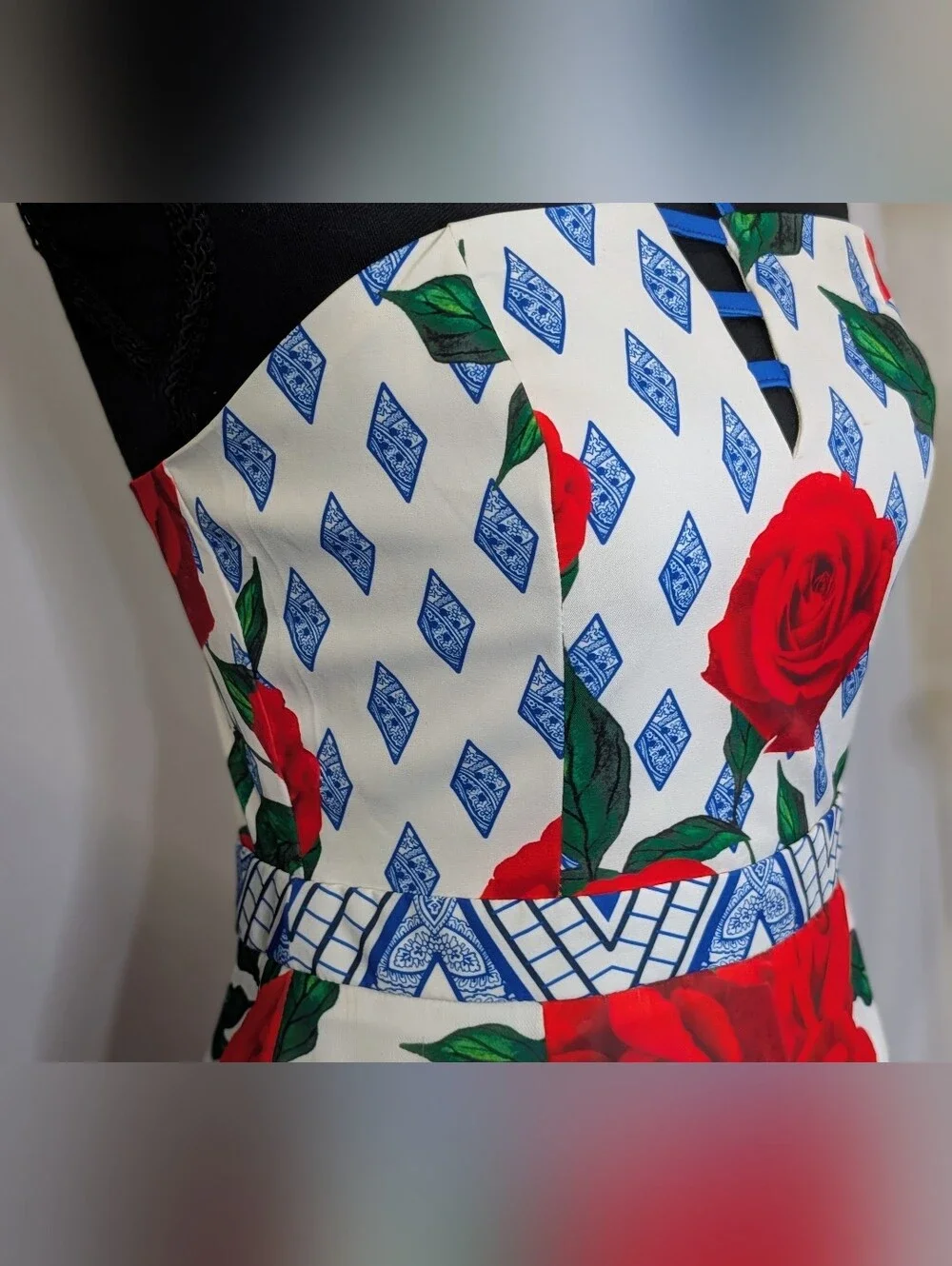 LUXMI Rose Floral Halter Maxi Dress Size S Blue Red High Slit
